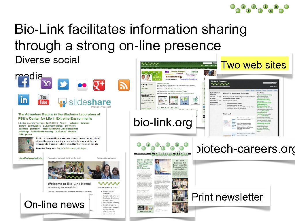 Bio-Link facilitates information sharing through a strong on-line presence Diverse social Two web sites