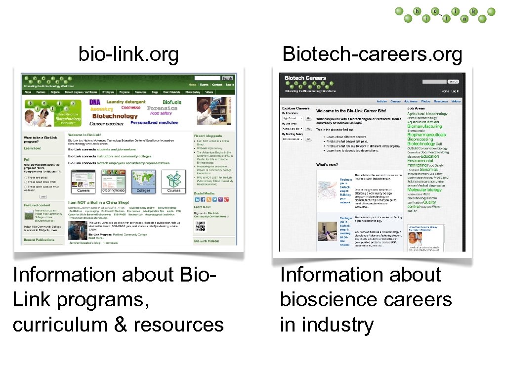 bio-link. org Information about Bio. Link programs, curriculum & resources Biotech-careers. org Information about
