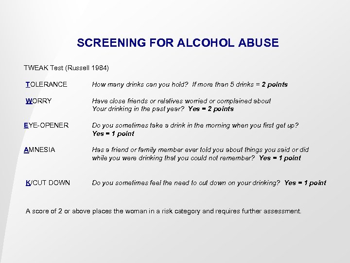 SCREENING FOR ALCOHOL ABUSE TWEAK Test (Russell 1984) TOLERANCE How many drinks can you