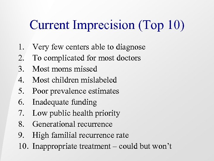 Current Imprecision (Top 10) 1. 2. 3. 4. 5. 6. 7. 8. 9. 10.