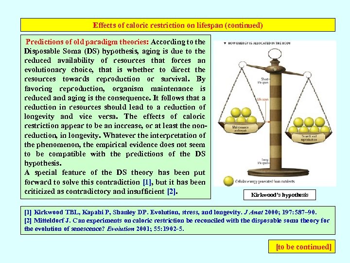 Effects of caloric restriction on lifespan (continued) Predictions of old paradigm theories: According to