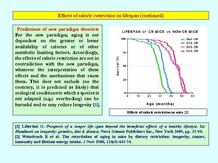 Effects of caloric restriction on lifespan (continued) Predictions of new paradigm theories: For the