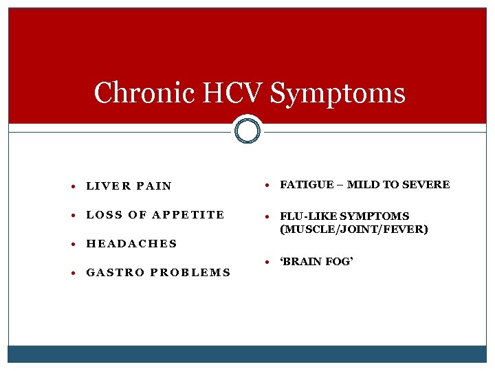 Chronic HCV Symptoms LIVER PAIN FATIGUE – MILD TO SEVERE LOSS OF APPETITE FLU-LIKE