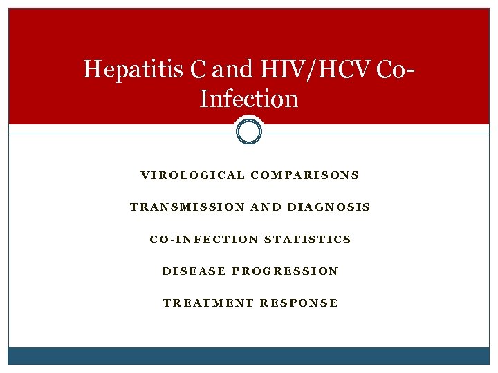 Hepatitis C and HIV/HCV Co. Infection VIROLOGICAL COMPARISONS TRANSMISSION AND DIAGNOSIS CO-INFECTION STATISTICS DISEASE