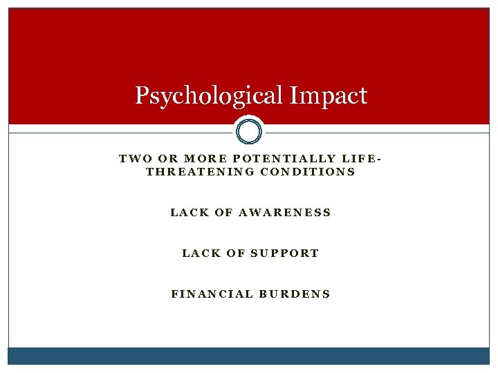 Psychological Impact TWO OR MORE POTENTIALLY LIFETHREATENING CONDITIONS LACK OF AWARENESS LACK OF SUPPORT
