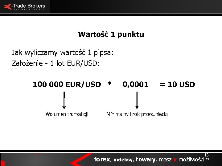 Wartość 1 punktu Jak wyliczamy wartość 1 pipsa: Założenie - 1 lot EUR/USD: 100