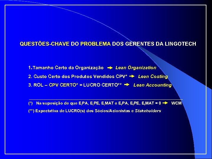 QUESTÕES-CHAVE DO PROBLEMA DOS GERENTES DA LINGOTECH 1. Tamanho Certo da Organização Lean Organization