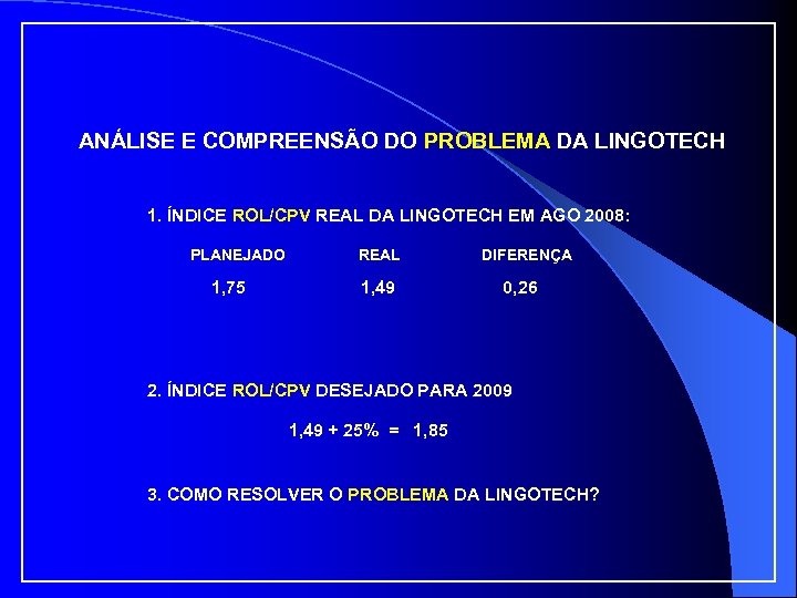 ANÁLISE E COMPREENSÃO DO PROBLEMA DA LINGOTECH 1. ÍNDICE ROL/CPV REAL DA LINGOTECH EM