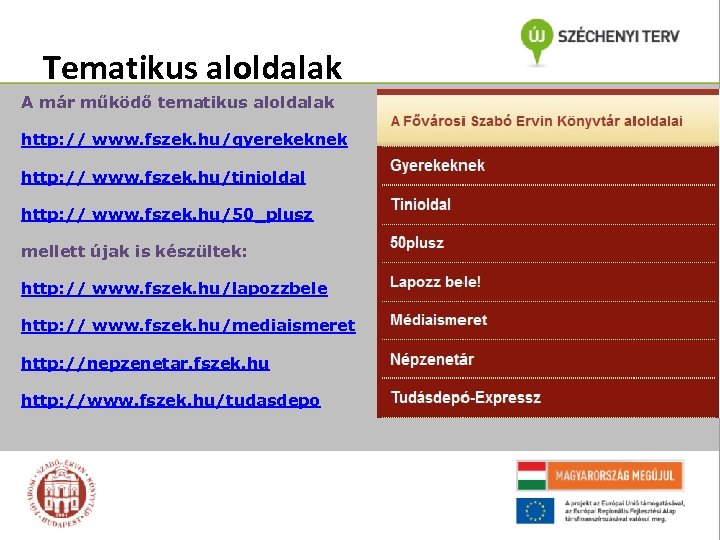 Tematikus aloldalak A már működő tematikus aloldalak http: // www. fszek. hu/gyerekeknek http: //