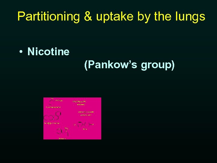 Partitioning & uptake by the lungs • Nicotine (Pankow’s group) 