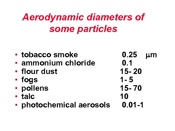 Aerodynamic diameters of some particles • • tobacco smoke ammonium chloride flour dust fogs