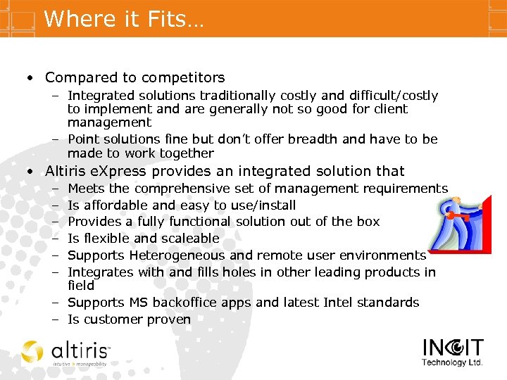 Where it Fits… • Compared to competitors – Integrated solutions traditionally costly and difficult/costly