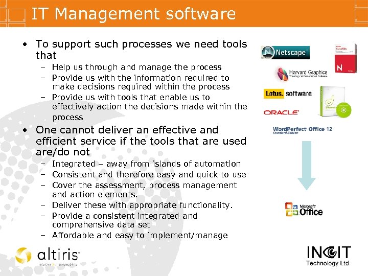 IT Management software • To support such processes we need tools that – Help