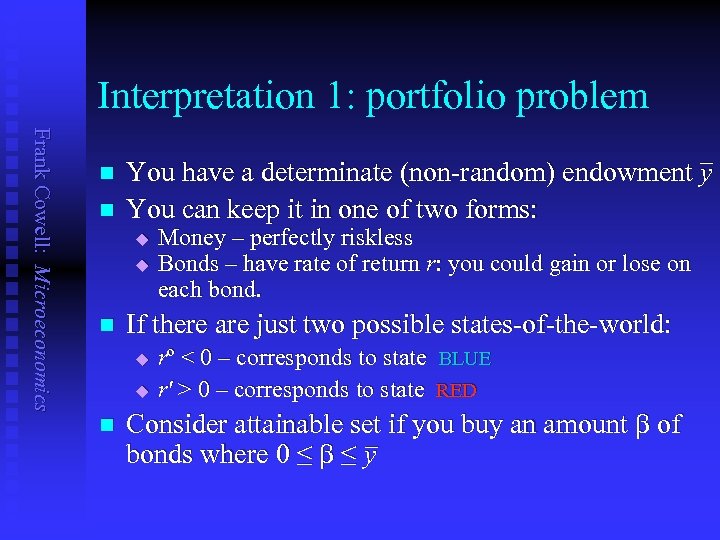 Interpretation 1: portfolio problem Frank Cowell: Microeconomics n n You have a determinate (non-random)