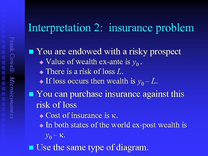 Interpretation 2: insurance problem Frank Cowell: Microeconomics n You are endowed with a risky