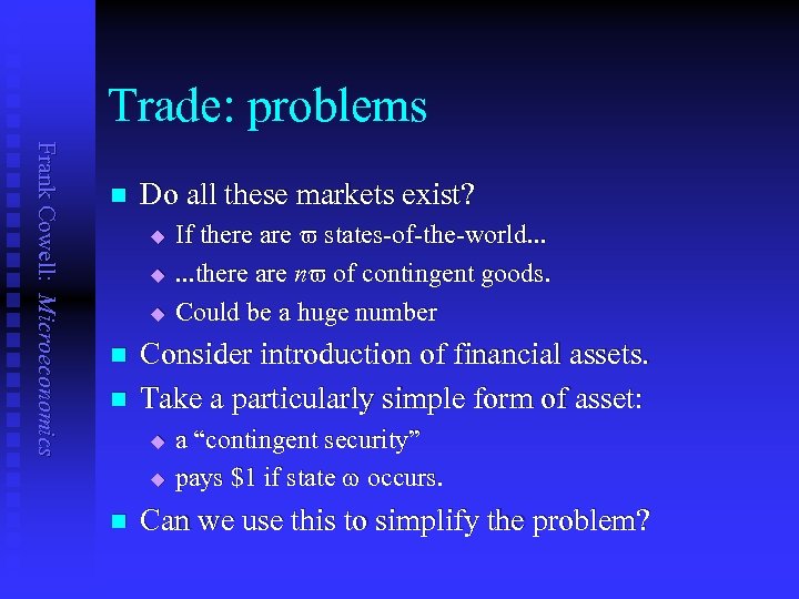 Trade: problems Frank Cowell: Microeconomics n Do all these markets exist? u u u