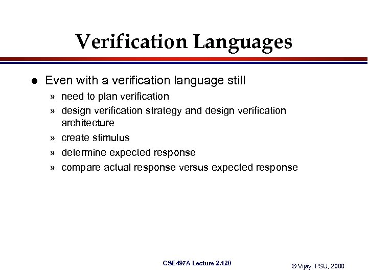 Verification Languages l Even with a verification language still » need to plan verification