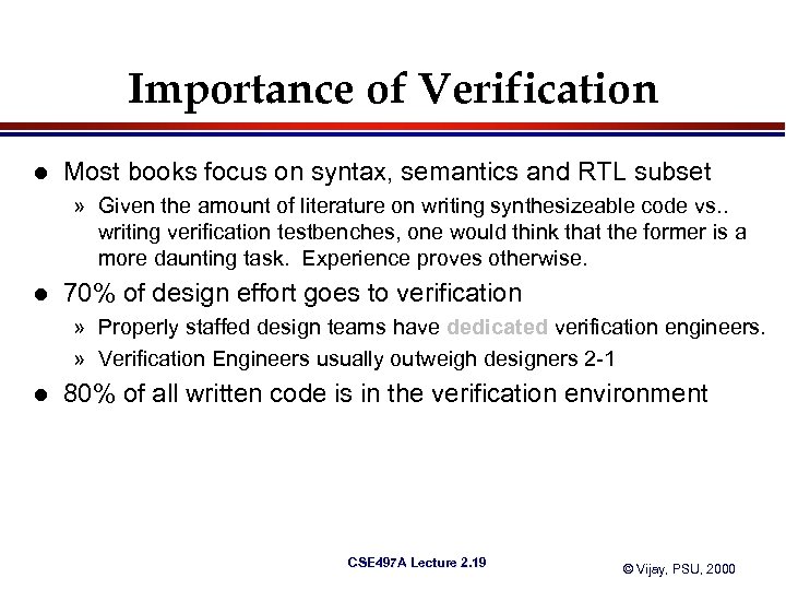 Importance of Verification l Most books focus on syntax, semantics and RTL subset »