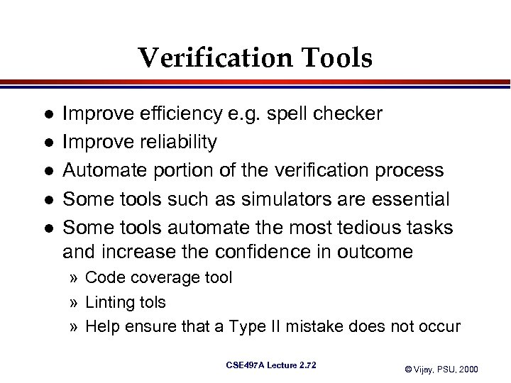 Verification Tools l l l Improve efficiency e. g. spell checker Improve reliability Automate