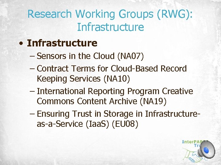 Research Working Groups (RWG): Infrastructure • Infrastructure – Sensors in the Cloud (NA 07)