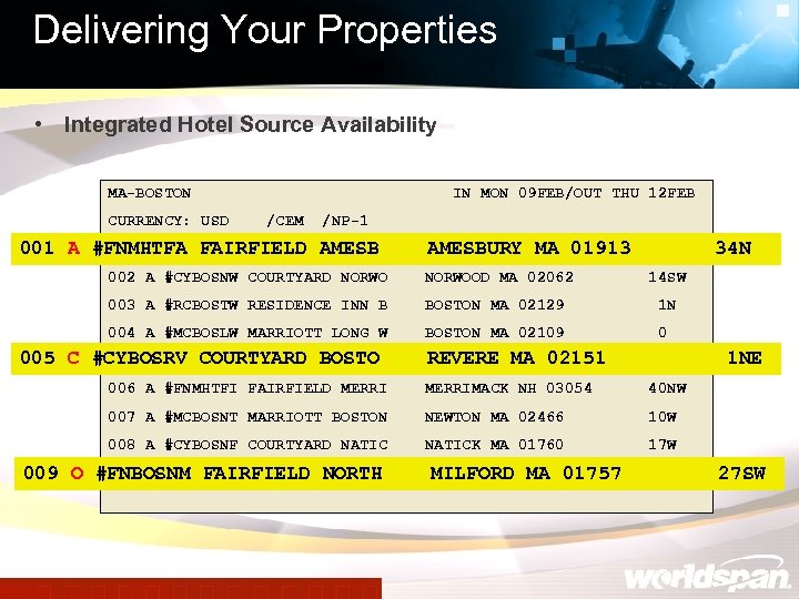 Delivering Your Properties • Integrated Hotel Source Availability MA-BOSTON CURRENCY: USD IN MON 09