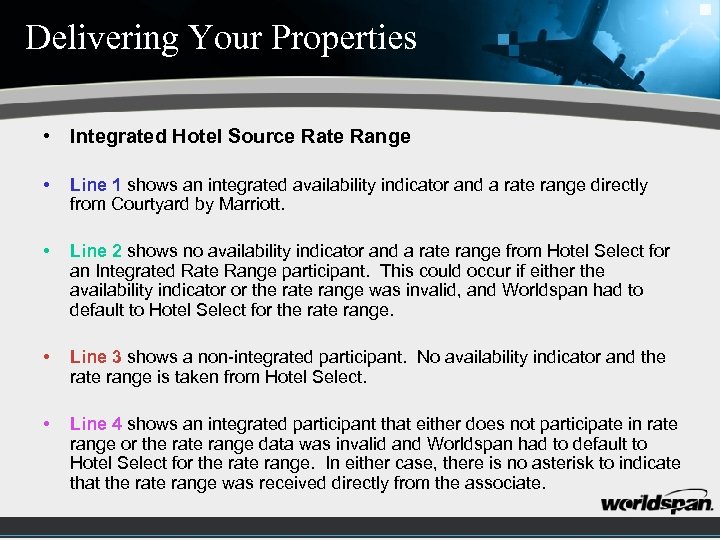 Delivering Your Properties • Integrated Hotel Source Rate Range • Line 1 shows an