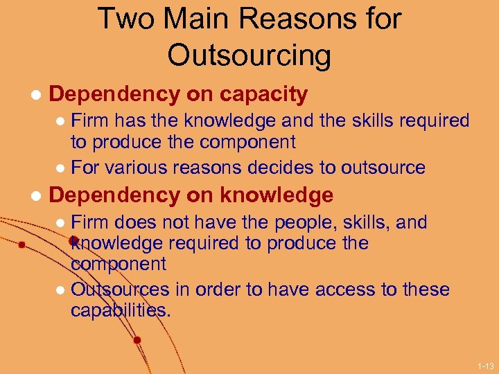 Two Main Reasons for Outsourcing l Dependency on capacity Firm has the knowledge and