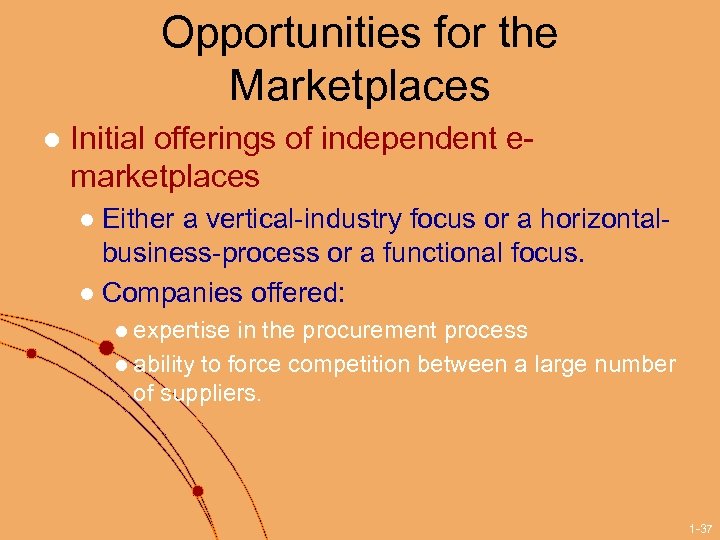 Opportunities for the Marketplaces l Initial offerings of independent emarketplaces Either a vertical-industry focus