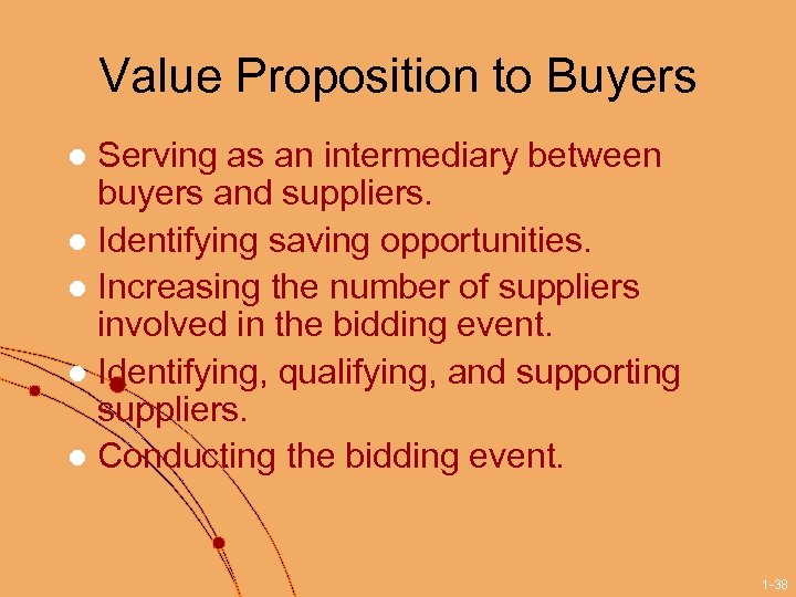 Value Proposition to Buyers Serving as an intermediary between buyers and suppliers. l Identifying