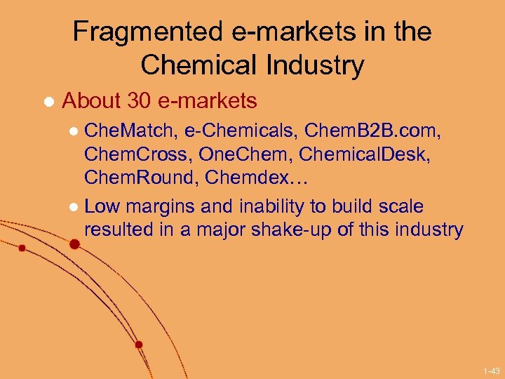 Fragmented e-markets in the Chemical Industry l About 30 e-markets Che. Match, e-Chemicals, Chem.