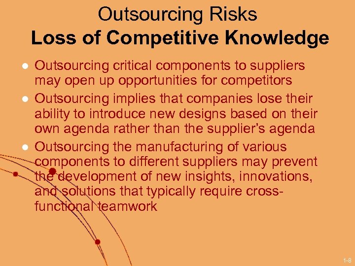 Outsourcing Risks Loss of Competitive Knowledge l l l Outsourcing critical components to suppliers