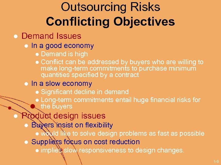 Outsourcing Risks Conflicting Objectives l Demand Issues l In a good economy Demand is
