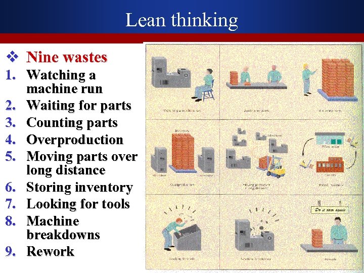 Lean thinking v Nine wastes 1. Watching a machine run 2. Waiting for parts