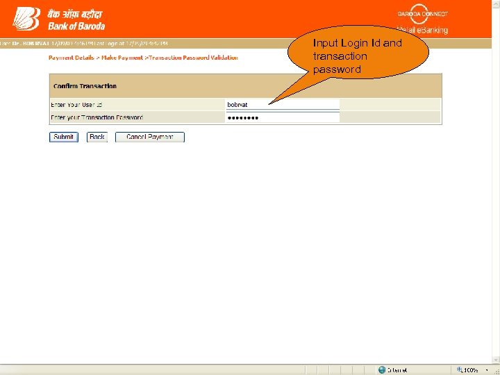 Input Login Id and transaction password 