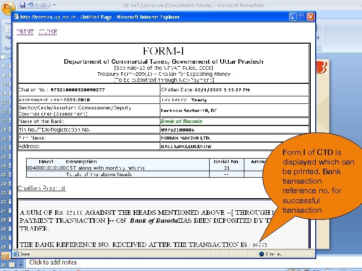 Form I of CTD is displayed which can be printed. Bank transaction reference no.