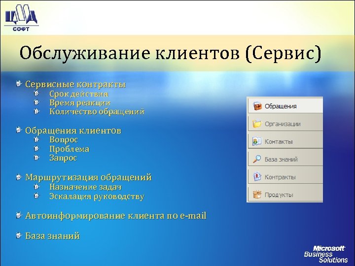 Обслуживание клиентов (Сервис) Сервисные контракты Срок действия Время реакции Количество обращений Обращения клиентов Вопрос