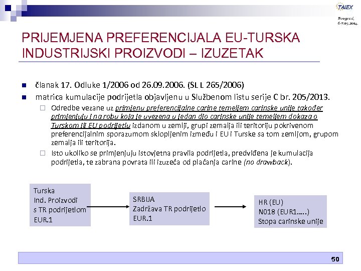 PRIJEMJENA PREFERENCIJALA EU-TURSKA INDUSTRIJSKI PROIZVODI – IZUZETAK n n članak 17. Odluke 1/2006 od