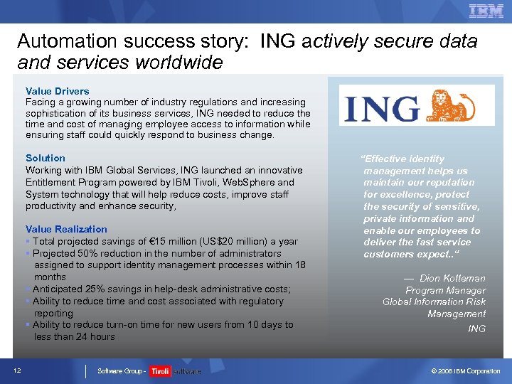 Automation success story: ING actively secure data and services worldwide Value Drivers Facing a