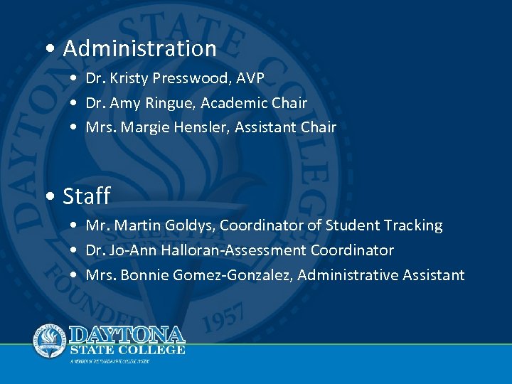  • Administration • Dr. Kristy Presswood, AVP • Dr. Amy Ringue, Academic Chair