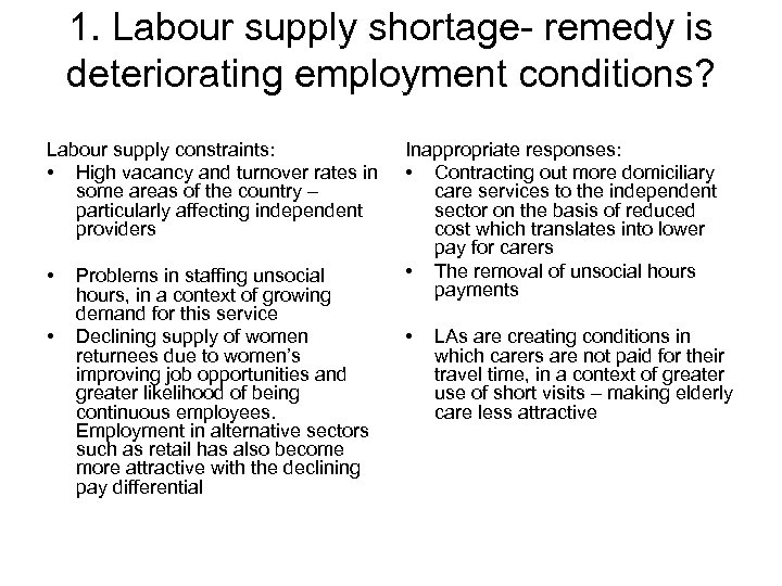 1. Labour supply shortage- remedy is deteriorating employment conditions? Labour supply constraints: • High
