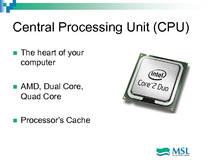 Central Processing Unit (CPU) n The heart of your computer n AMD, Dual Core,