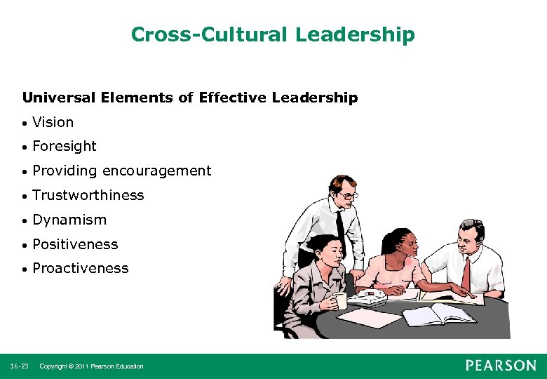 Cross-Cultural Leadership Universal Elements of Effective Leadership • Vision • Foresight • Providing encouragement