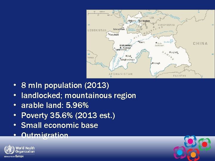  • • • 8 mln population (2013) landlocked; mountainous region arable land: 5.