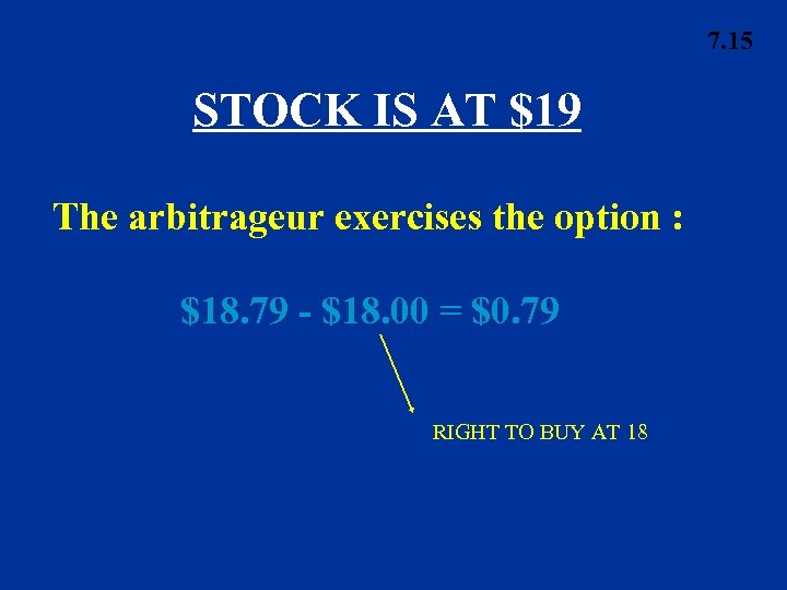 7. 15 STOCK IS AT $19 The arbitrageur exercises the option : $18. 79