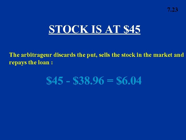 7. 23 STOCK IS AT $45 The arbitrageur discards the put, sells the stock