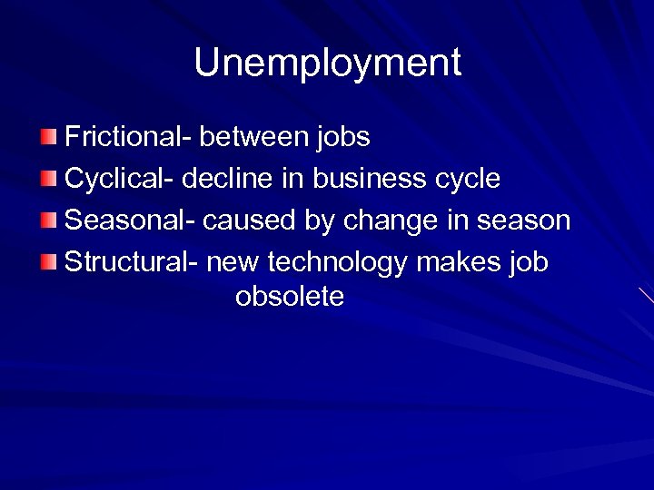 Unemployment Frictional- between jobs Cyclical- decline in business cycle Seasonal- caused by change in