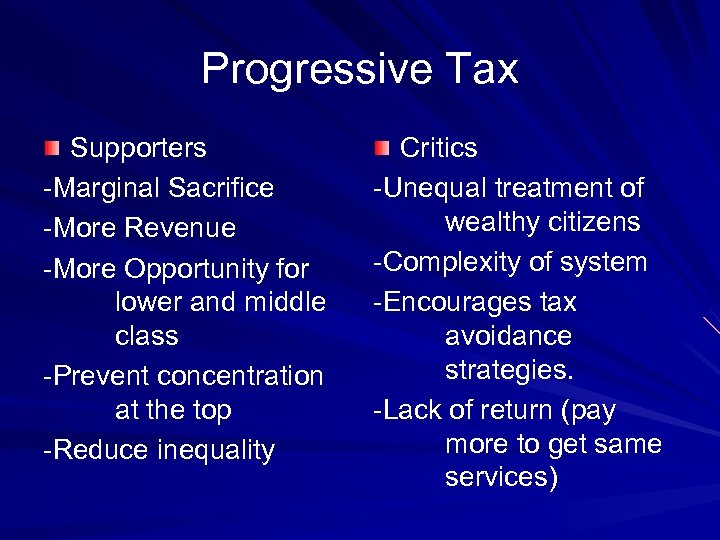 Progressive Tax Supporters -Marginal Sacrifice -More Revenue -More Opportunity for lower and middle class