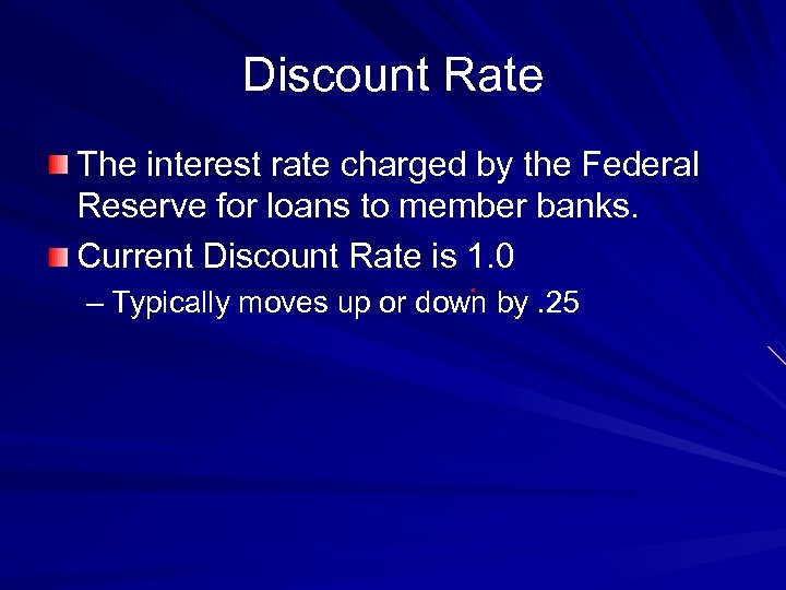 Discount Rate The interest rate charged by the Federal Reserve for loans to member