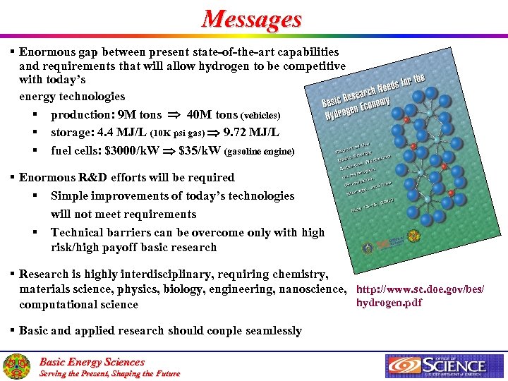 Messages § Enormous gap between present state-of-the-art capabilities and requirements that will allow hydrogen