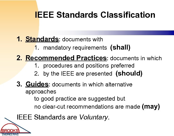 IEEE Standards Classification 1. Standards: documents with 1. mandatory requirements (shall) 2. Recommended Practices:
